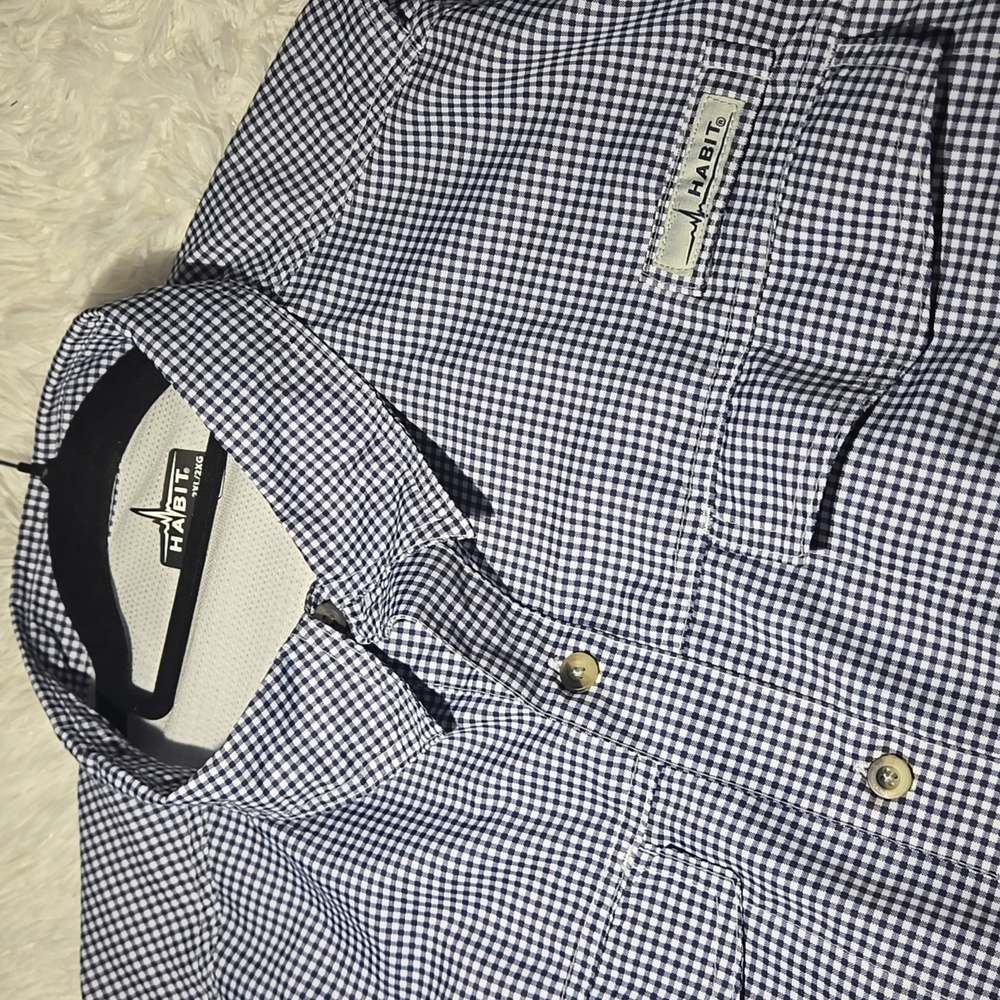 Men's Habit Blue and White Gingham Fishing Shirt Size 2XL